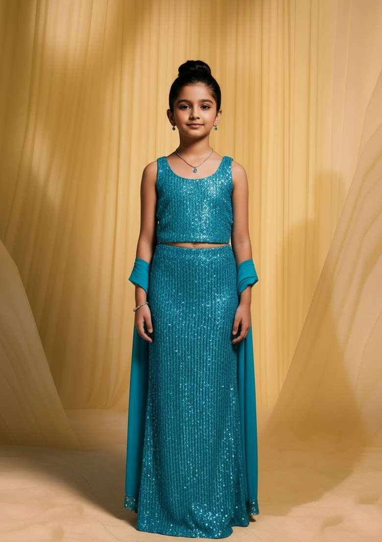 Girls Powder Blue Sequin Net Fusion Set - Indya