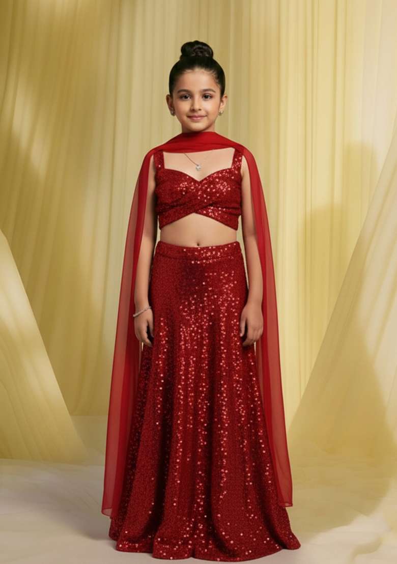 Girls Red Sequin Net Fusion Set - Indya