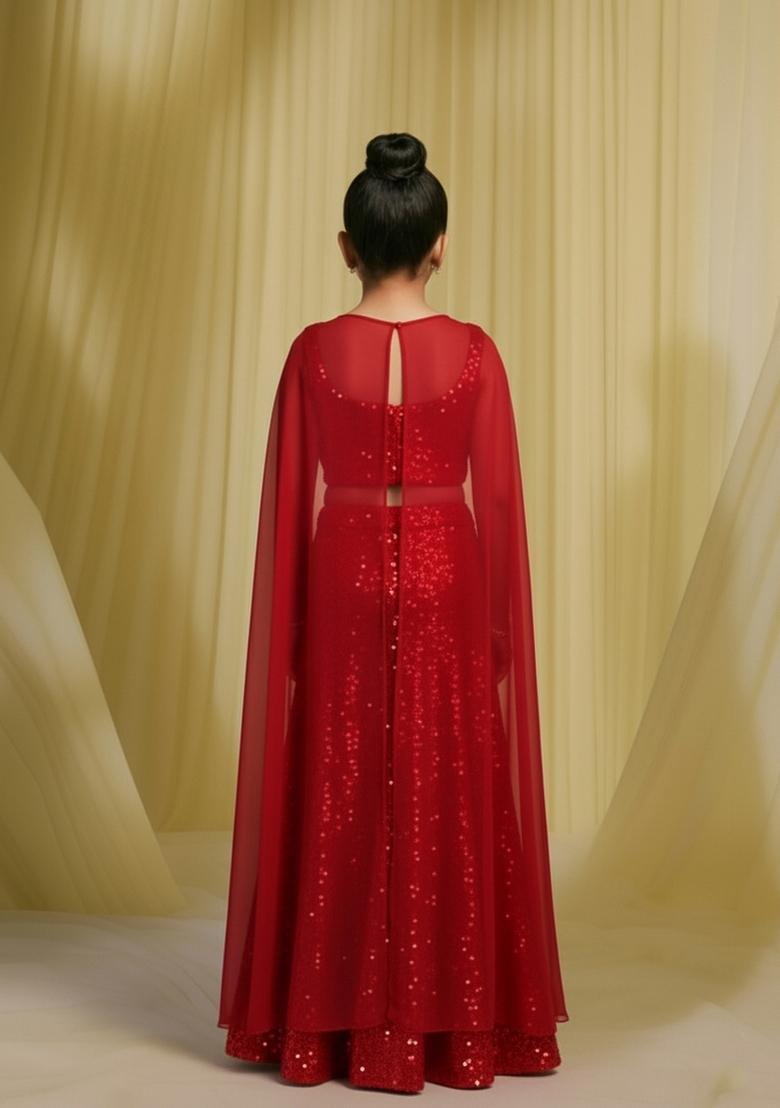 Girls Red Sequin Net Fusion Set - Indya