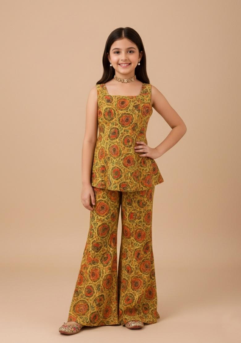 Girls Yellow Floral Print Dola Silk Fusion Set