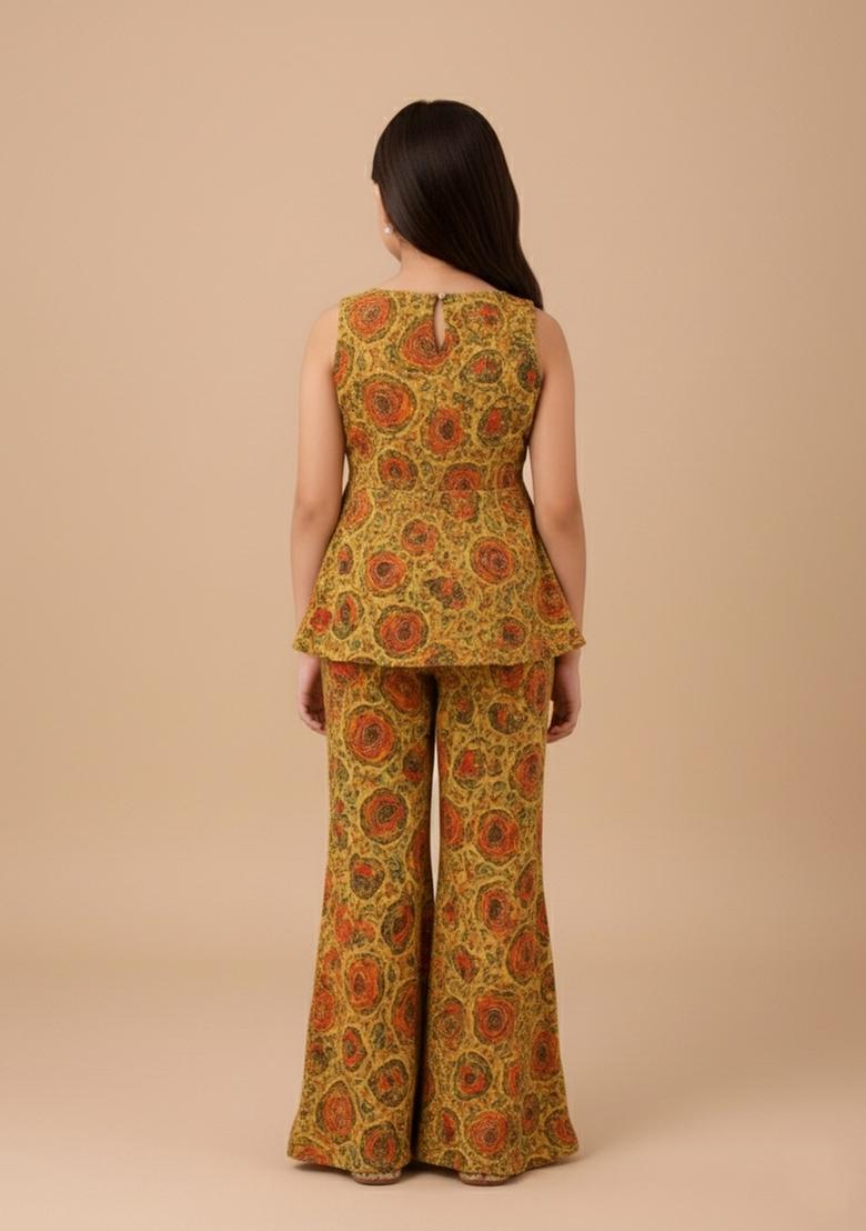Girls Yellow Floral Print Dola Silk Fusion Set