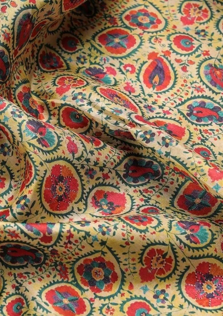 Girls Yellow Floral Print Dola Silk Fusion Set