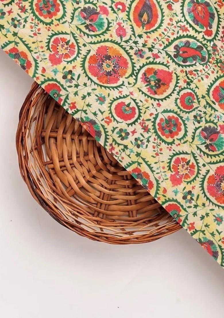 Girls Yellow Floral Print Dola Silk Fusion Set