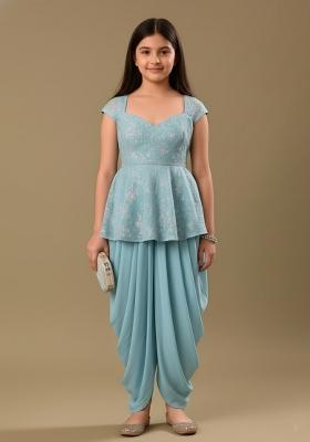 Girls Sky Blue Embellished Georgette Fusion Set