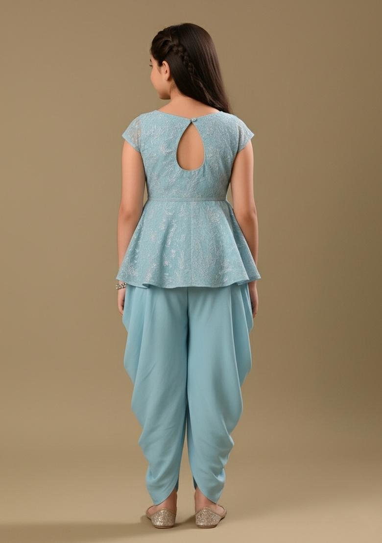 Girls Sky Blue Embellished Georgette Fusion Set - Indya