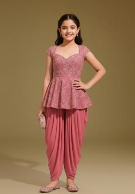 Girls Pink Embellished Georgette Fusion Set