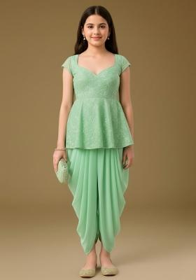 Girls Pista Green Embellished Georgette Fusion Set