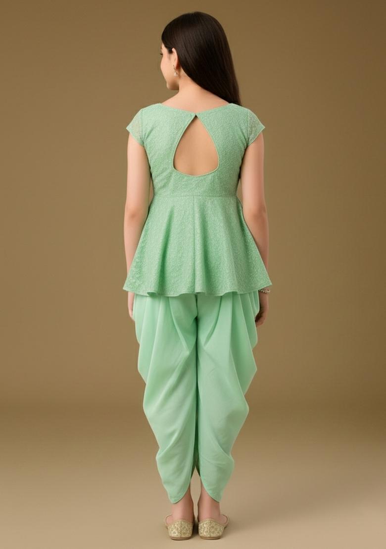 Girls Pista Green Embellished Georgette Fusion Set - Indya