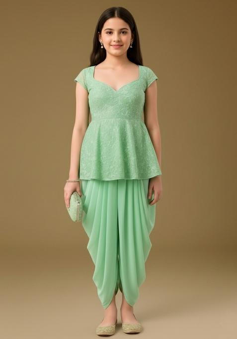 Girls Pista Green Embellished Georgette Fusion Set