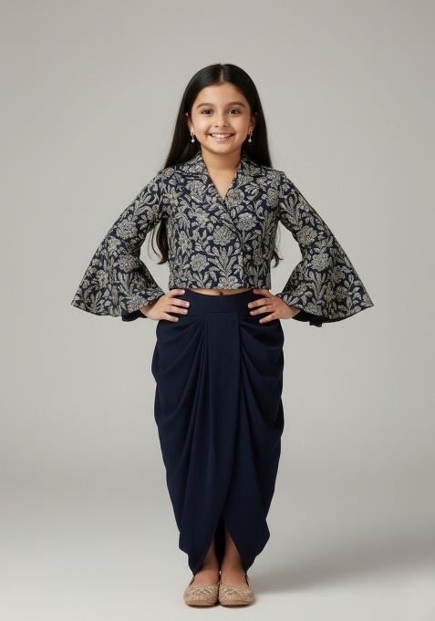 Girls Blue Embroidered Georgette Fusion Set