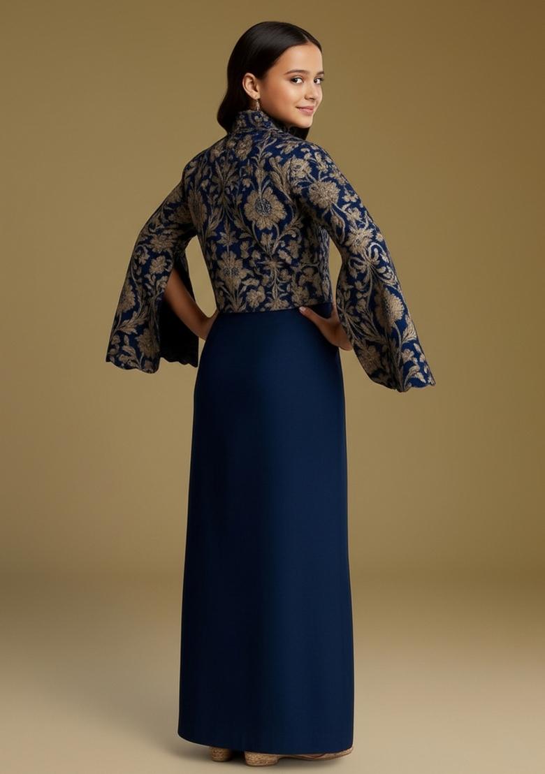 Girls Blue Embroidered Georgette Fusion Set - Indya