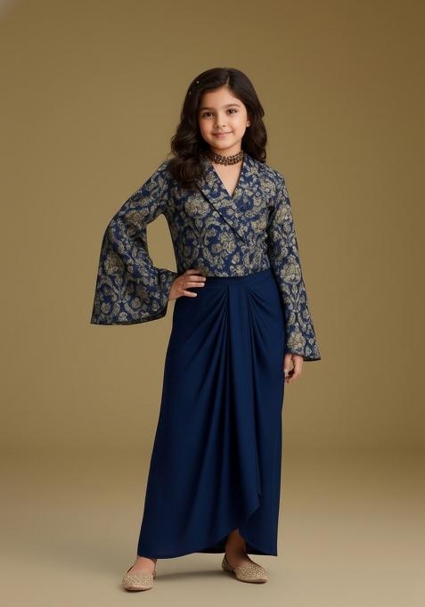 Girls Blue Embroidered Georgette Fusion Set