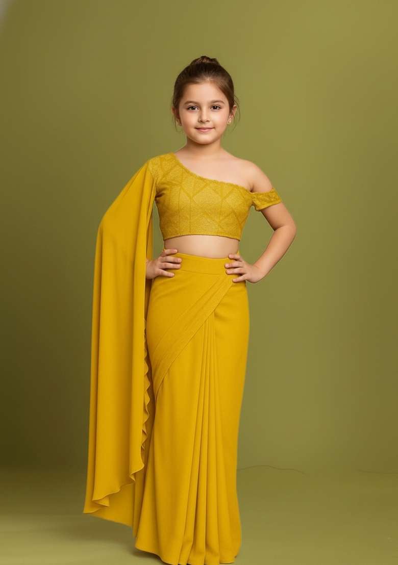 Girls Yellow Embellished Net Fusion Set - Indya