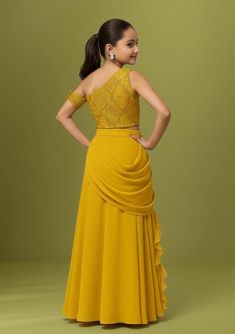 Girls Yellow Embellished Net Fusion Set - Indya