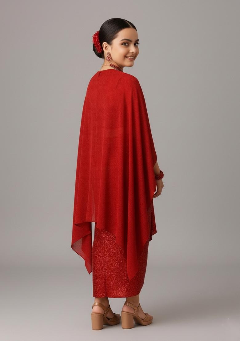 Girls Red Sequin Net Fusion Set - Indya