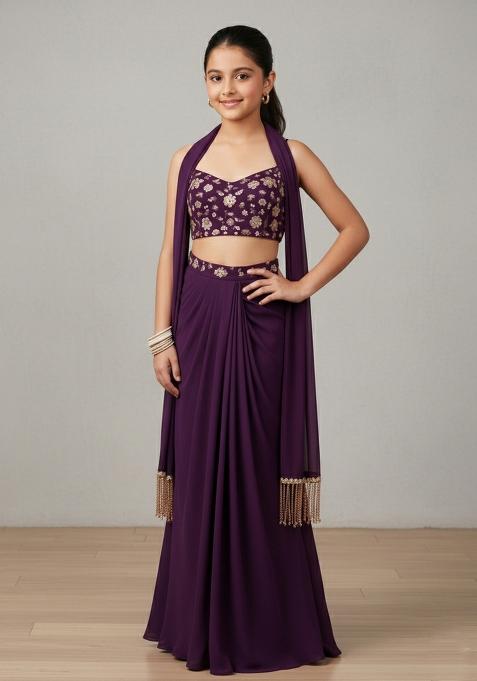Girls Purple Sequin Georgette Fusion Set