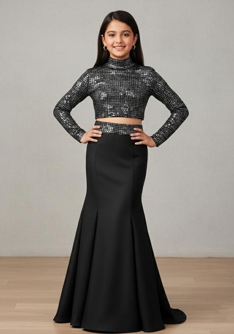 Girls Black Embellished Georgette Fusion Set