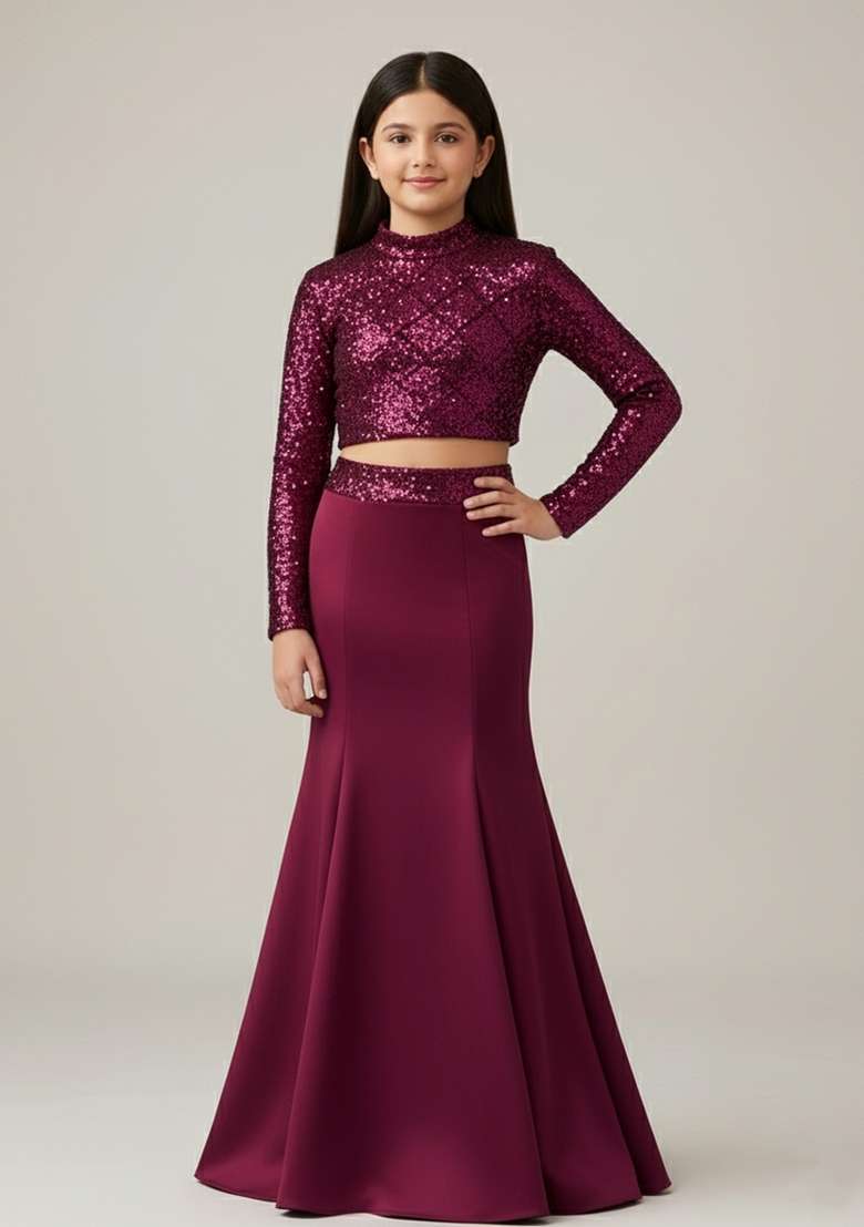 Girls Wine Sequin Georgette Fusion Set - Indya