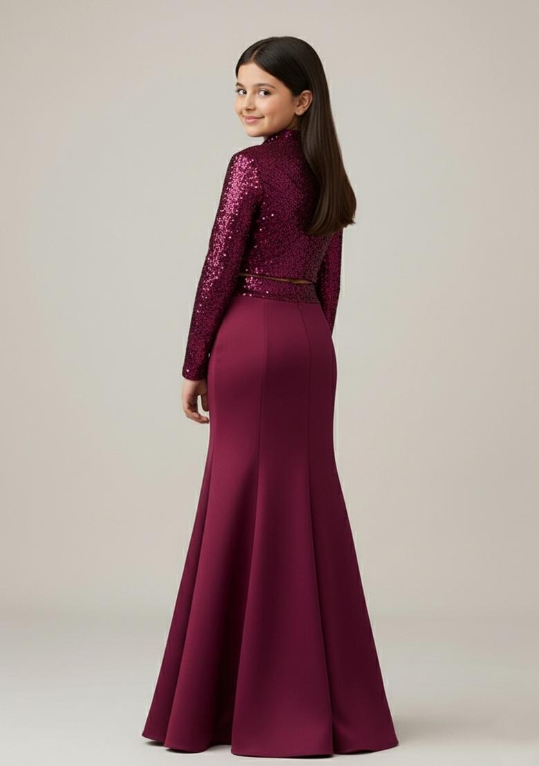 Girls Wine Sequin Georgette Fusion Set - Indya