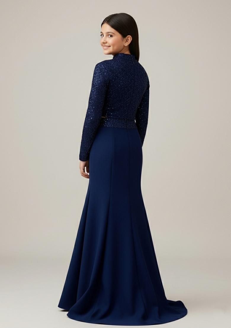 Girls Blue Sequin Georgette Fusion Set - Indya