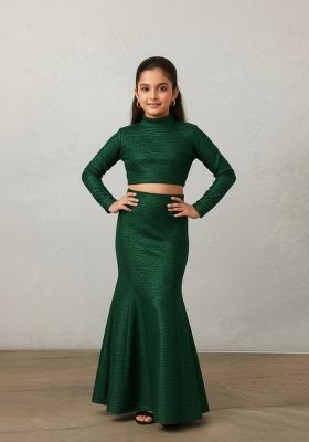 Girls Bottle Green Self Design Fusion Set