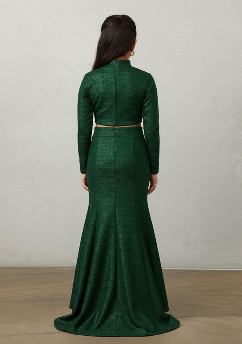Girls Bottle Green Self Design Fusion Set - Indya