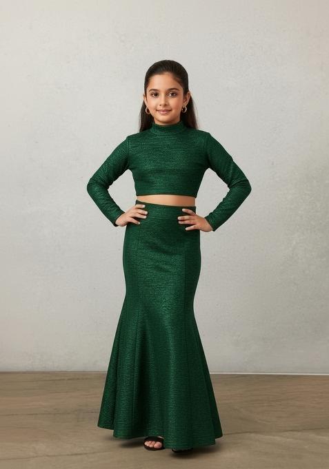 Girls Bottle Green Self Design Fusion Set
