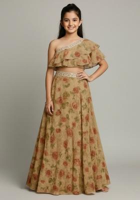 Girls Khakhee Brown Embroidered Georgette Fusion Set