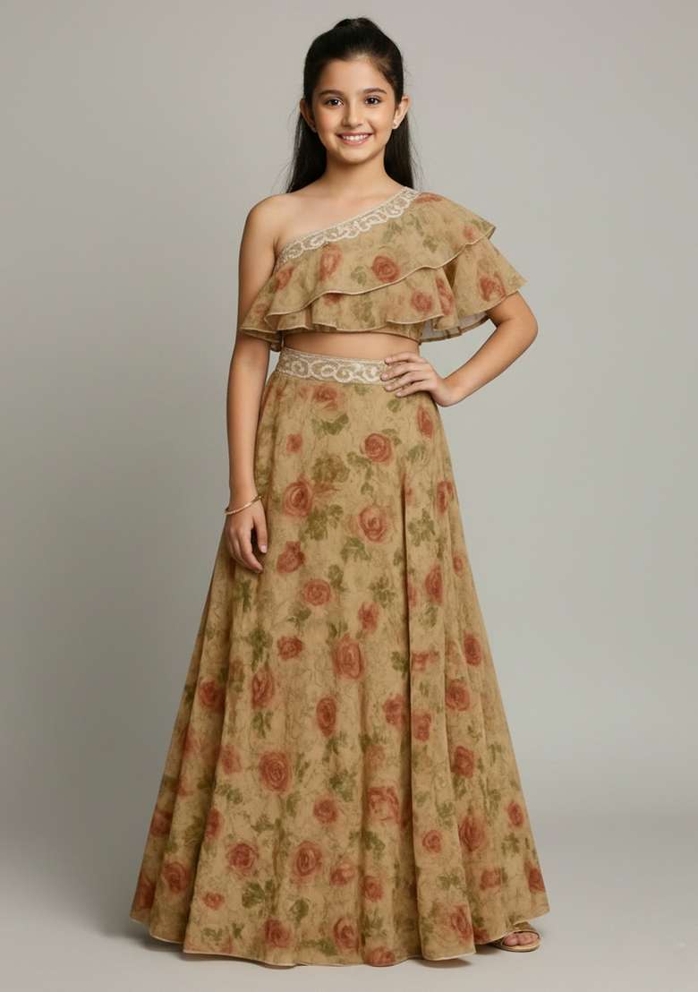 Girls Khakhee Brown Embroidered Georgette Fusion Set - Indya