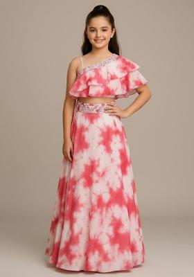 Girls Pink Abstract Print Georgette Fusion Set