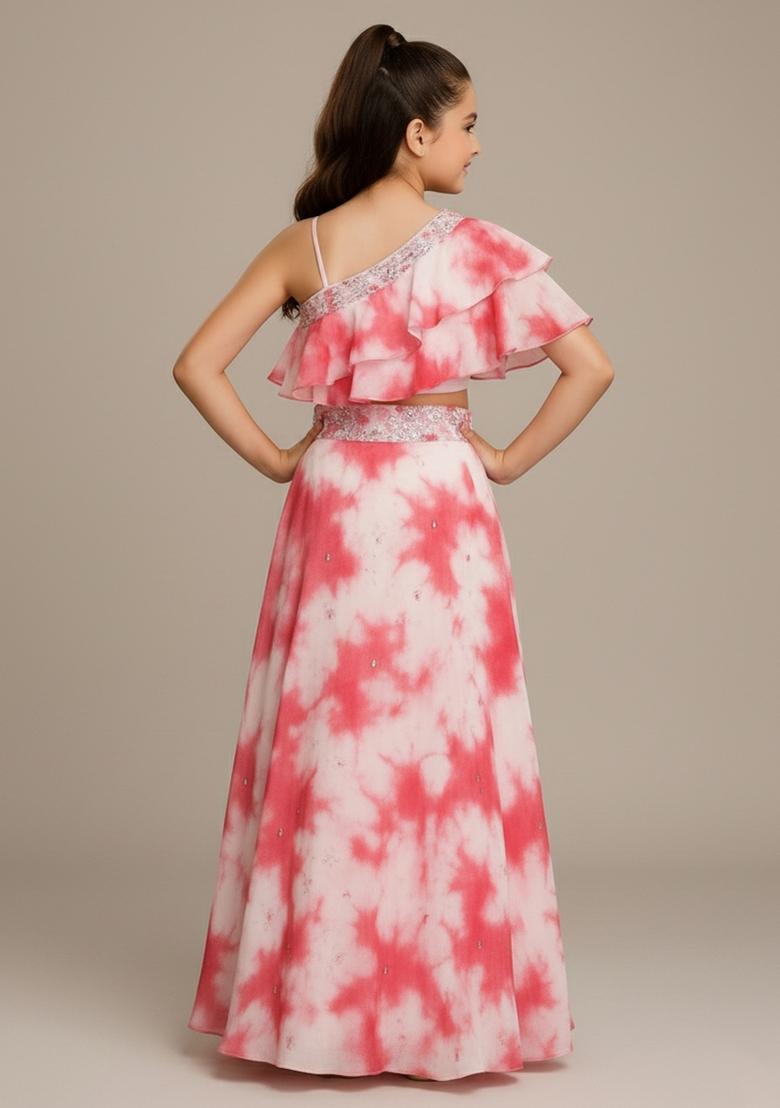 Girls Pink Abstract Print Georgette Fusion Set - Indya