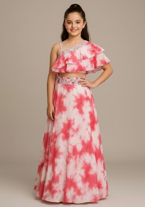 Girls Pink Abstract Print Georgette Fusion Set