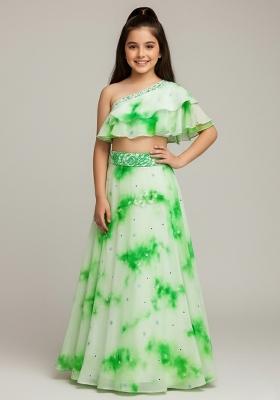 Girls Green Abstract Print Georgette Fusion Set