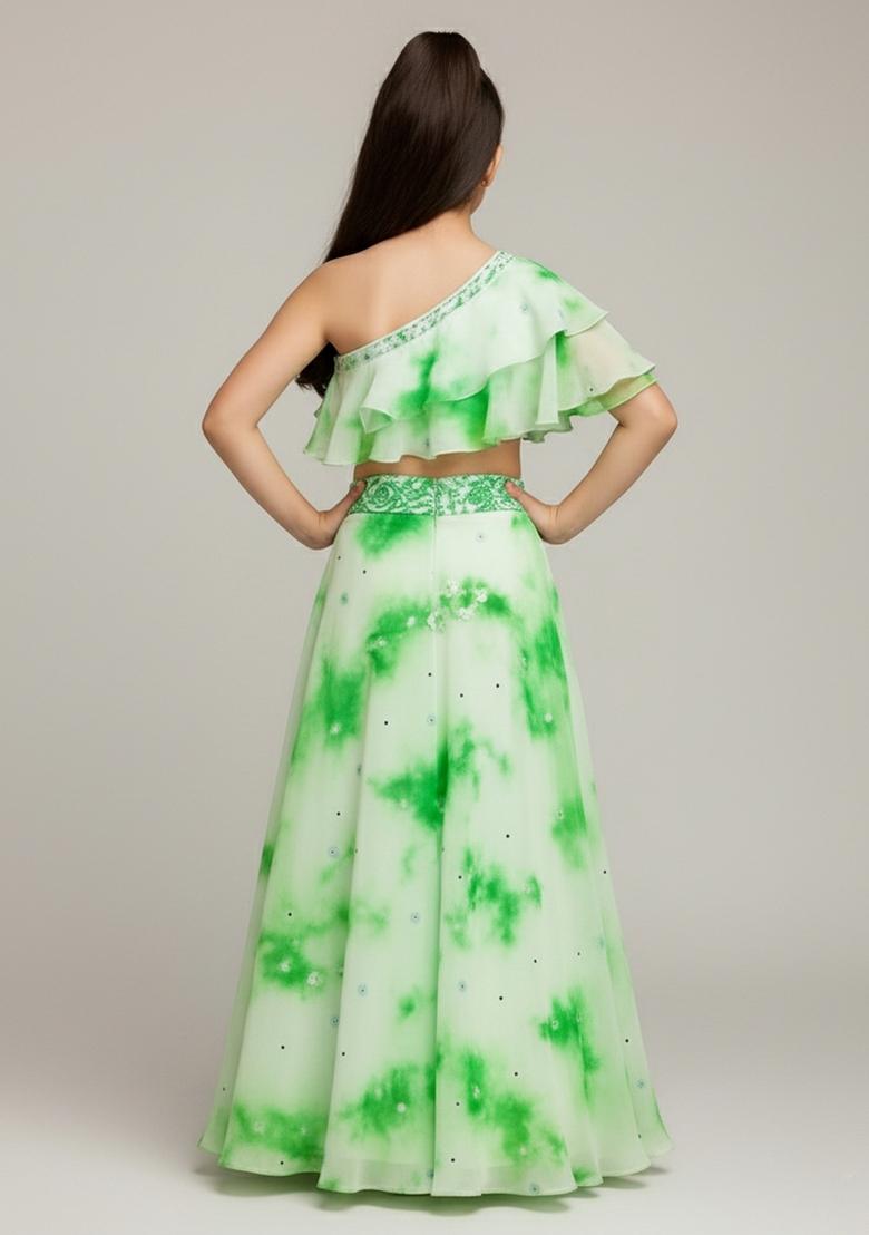 Girls Green Abstract Print Georgette Fusion Set - Indya