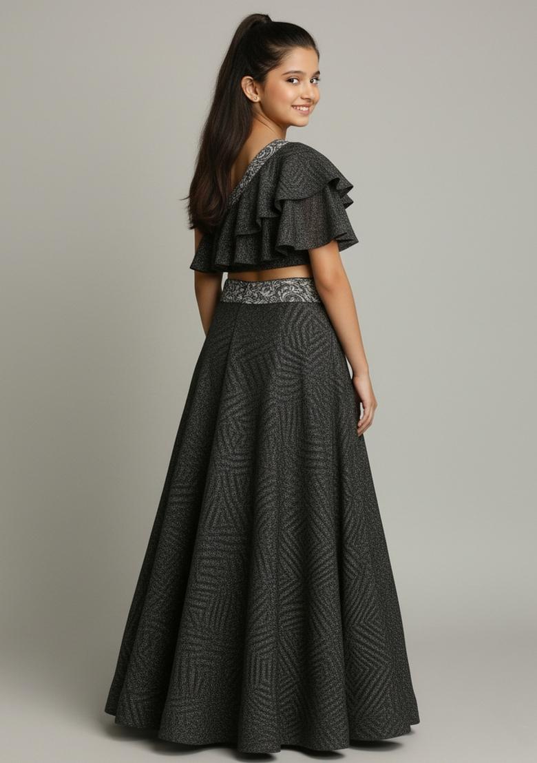 Girls Black Floral Print Georgette Fusion Set - Indya