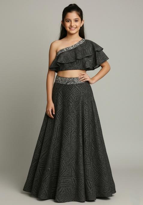 Girls Black Floral Print Georgette Fusion Set