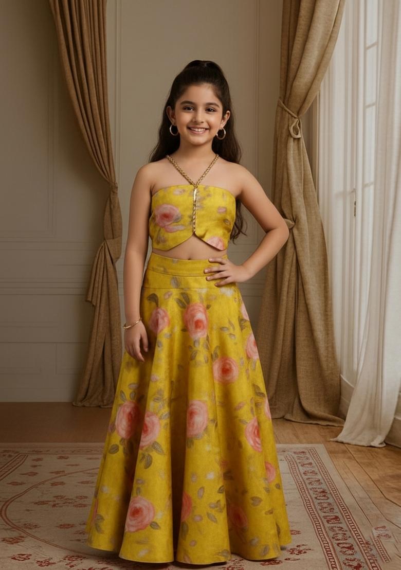 Girls Yellow Floral Print Satin Fusion Set - Indya