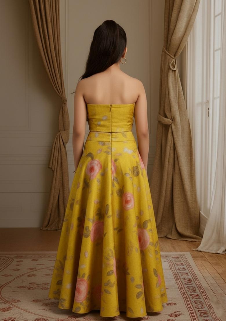 Girls Yellow Floral Print Satin Fusion Set - Indya