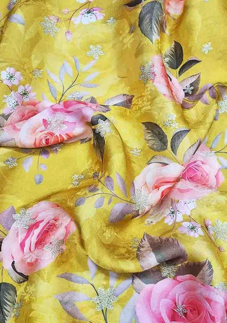 Girls Yellow Floral Print Satin Fusion Set - Indya