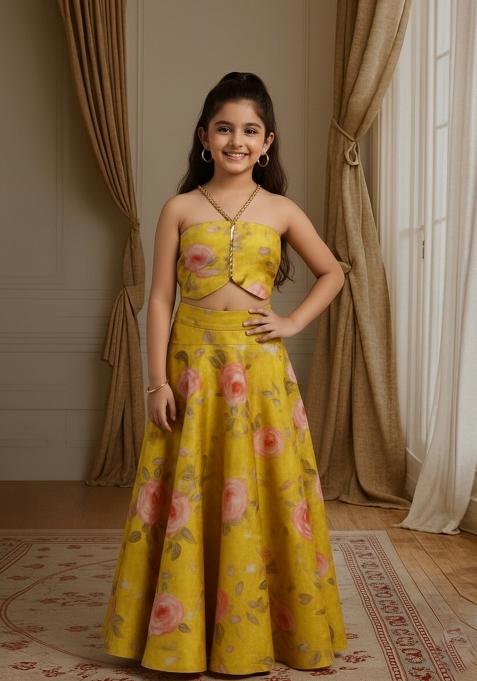 Girls Yellow Floral Print Satin Fusion Set