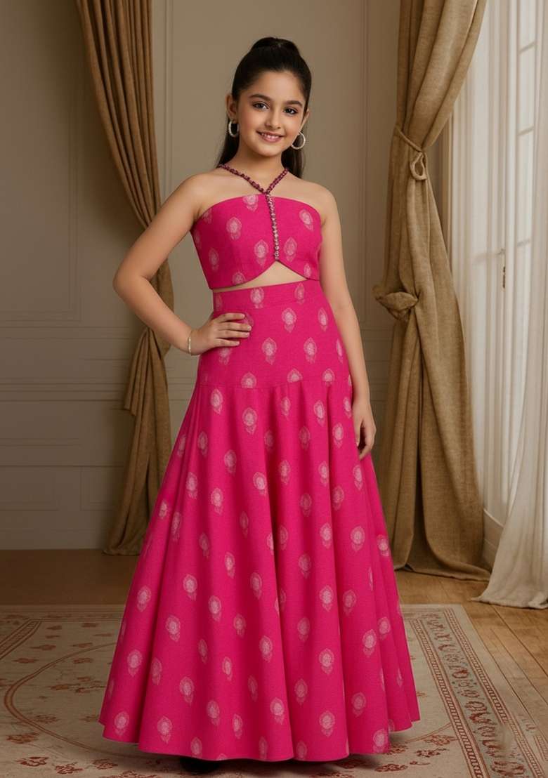 Girls Pink Embroidered Chanderi Fusion Set - Indya