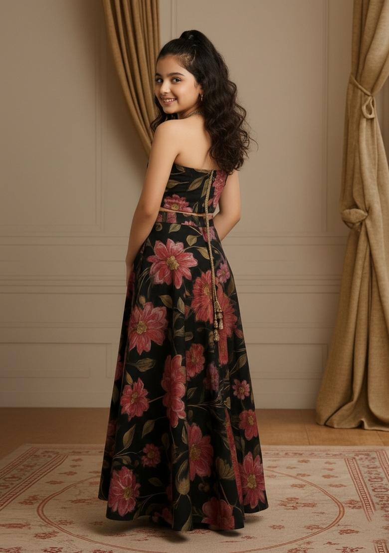 Girls Black Floral Print Organza Fusion Set - Indya