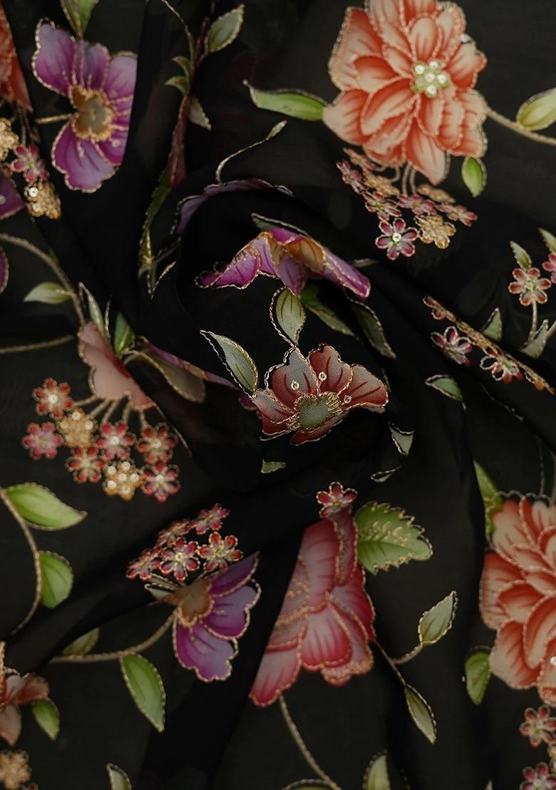 Girls Black Floral Print Organza Fusion Set - Indya