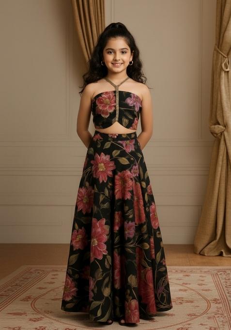 Girls Black Floral Print Organza Fusion Set