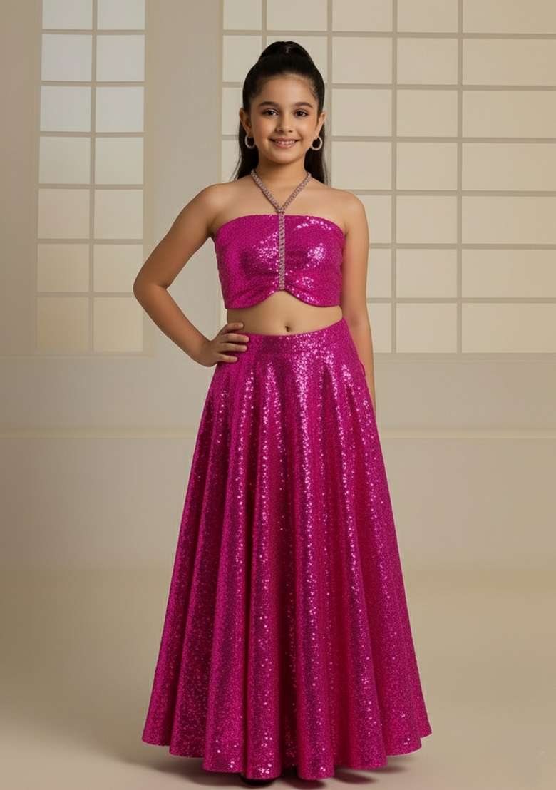 Girls Hot Pink Embroidered Georgette Fusion Set - Indya