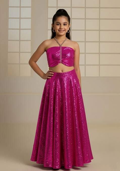Girls Hot Pink Embroidered Georgette Fusion Set