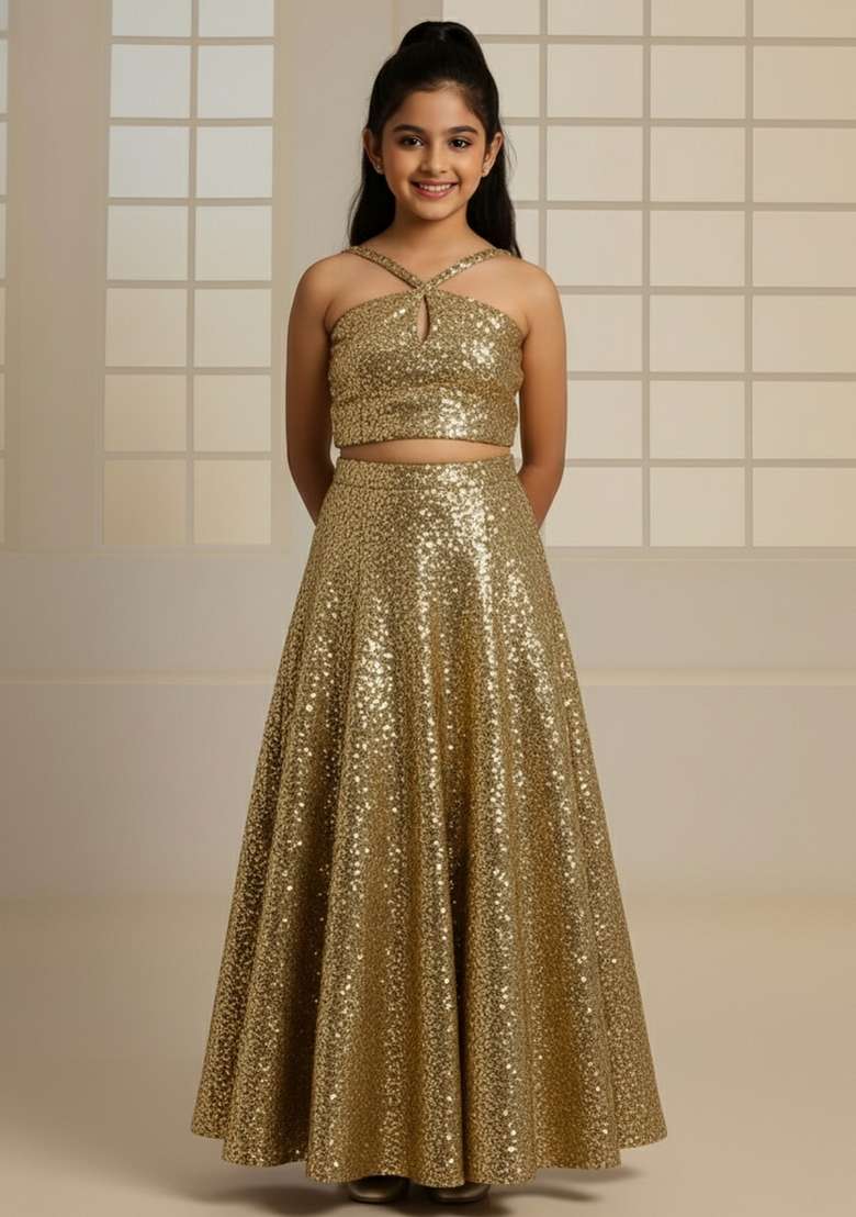 Girls Rose Gold Embroidered Georgette Fusion Set - Indya