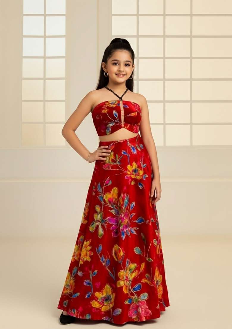 Girls Red Floral Print Organza Fusion Set - Indya