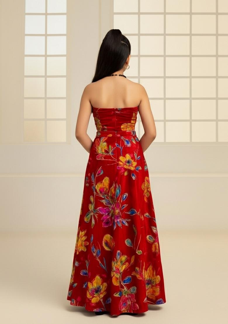 Girls Red Floral Print Organza Fusion Set - Indya