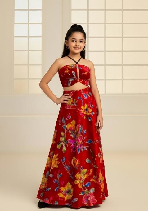 Girls Red Floral Print Organza Fusion Set